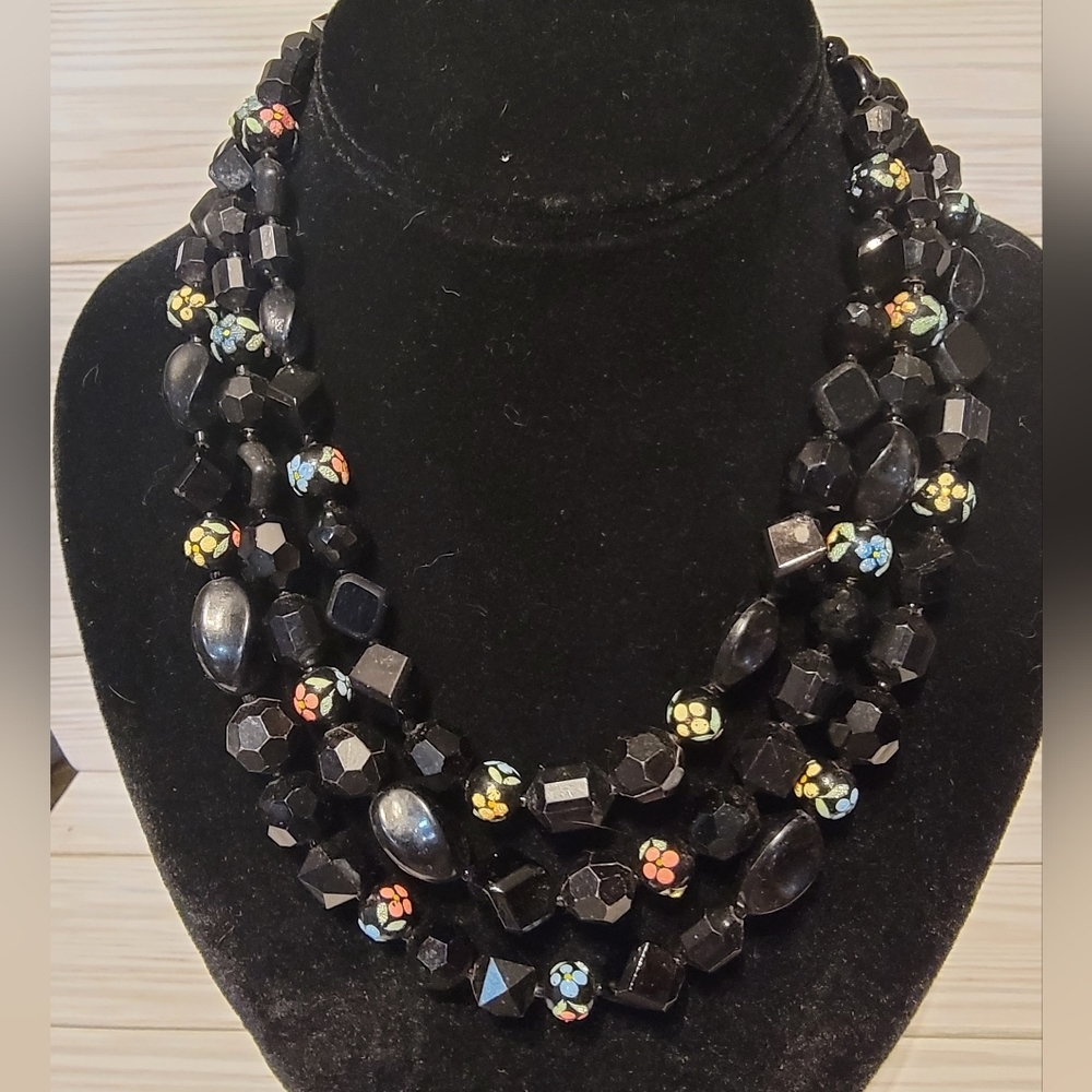 Vintage Hattie Carnegie 3 Strand Black Floral Beaded Statement Necklace Signed